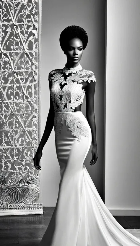 black and white fashion photography，black model，haute couture dresses，lace，hollow，silk，