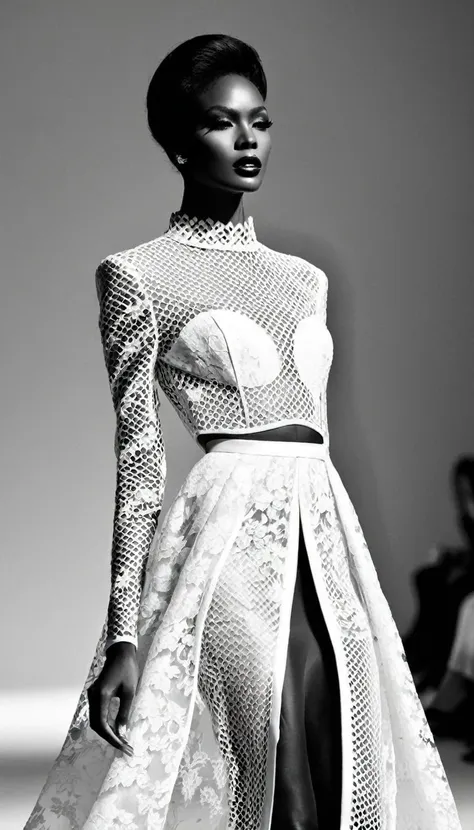 black and white fashion photography，black model，haute couture dresses，lace，hollow，silk，