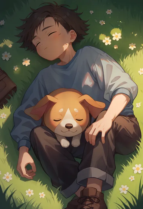 score_9,score_8_up,score_7_up, 1 boy, sleeping on the grass, a cute dog