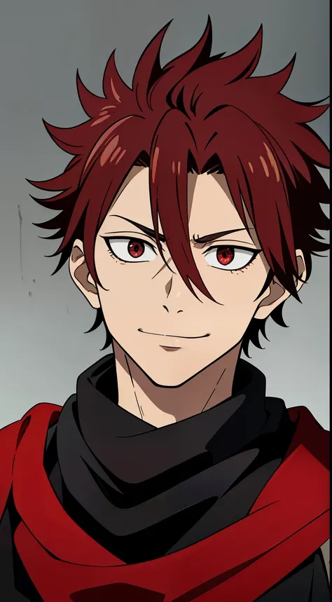 (high-quality, breathtaking),(expressive eyes, perfect face) 1boy, male, solo, age 18, teenager age, masculine face, red color hair, red eye color, spiky fluffy hair, short hair length, messy loose hair, red and black tunic, greek clothing, ancient greek c...