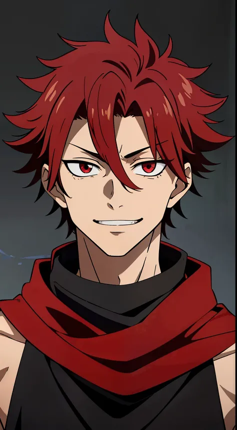 (high-quality, breathtaking),(expressive eyes, perfect face) 1boy, male, solo, age 18, teenager age, masculine face, red color hair, red eye color, spiky fluffy hair, short hair length, messy loose hair, red and black tunic, greek clothing, ancient greek c...