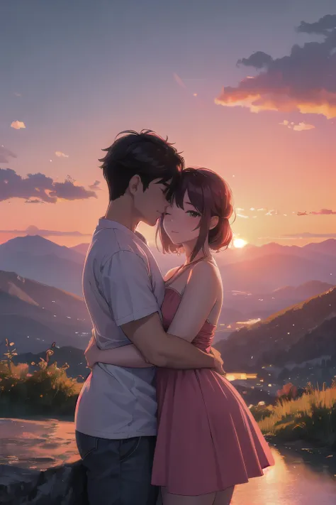 ((masterpiece)), in a romantic atmosphere，couple cuddling, sunset view，mountain background, feel the romantic theme of valentine...