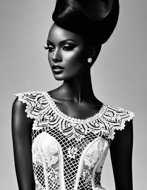 black and white fashion photography，black model，haute couture dresses，lace，hollow，silk，