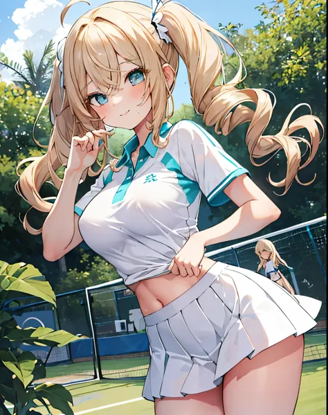 masterpiece,1girl, sparrow, a blonde haired girl, wearing a tennis uniform, white miniskirt, curly long hair, messy hair, slim b...