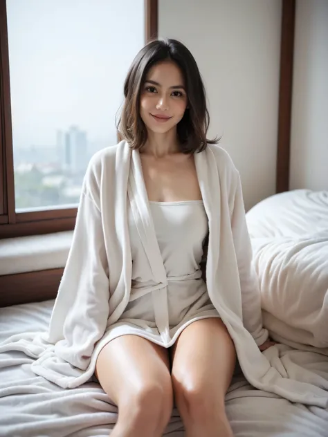 top-quality、​masterpiece、超A high resolution、(realisitic:1.4)、Beautiful Women１、Beautiful detail eyes and skin、smile、Light brown long-cut hair, She is Wearing a white bathrobe,  gorgeous chinese model, photo of slim girl model, IG-Modell, beautiful female mo...