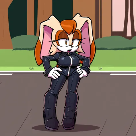 score_9, score_8_up, 2D, flat color, side of highway background, motorcycle, standing, 1girl, very detailed, extremely detailed, Vanilla the Rabbit from the sonic the hedgehog series, portrait, above shoulder, puzzled expression, sound lines, open mouth, m...