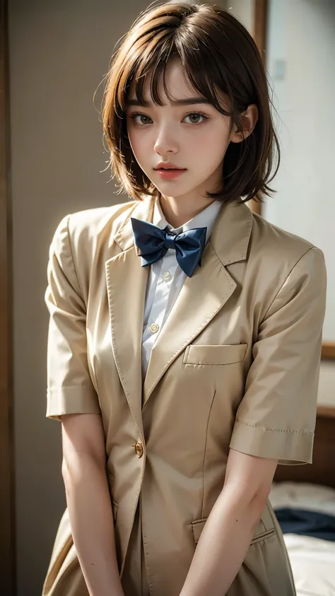 highest quality, masterpiece, Ultra-high resolution, (Realistic:1.4), (Close-up portrait) RAW Photos, 1 girl,23 years old,((Detective Conan costume))、Suit and bow tie,Short Bob Hair、((Cap Chestnut)),((Short bangs)),Realistic,Image Media Chest)),