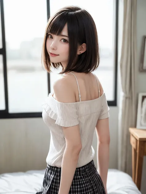 (From the back:1.4、Tabletop:1.4、highest quality:1.4、Best image quality:1.4、Cute beautiful adult woman, Adult smile:1.4、Beautiful Teeth、Lip gloss、Short Brunette Bob、Shiny shiny hair、Has shiny bangs:1.4、bangs:1.4、length, shiny shorthair、length neck:1.4、Show ...