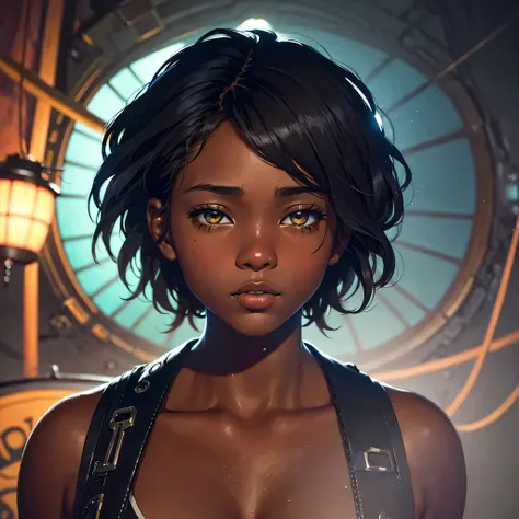 dark-skinned tomboy girl with cut hair, illustrated by aoiro studio and masaaki komori, hyper detailed, neons, lighting cinemati...