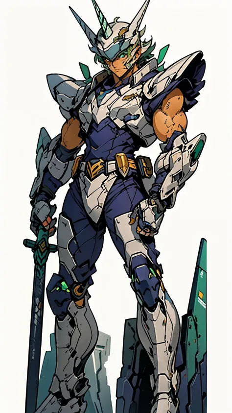 A man wearing a full-face helmet, a fantasy-style biotech armored combat suit, green eyes, (a composite layered chest armor), fully enclosed shoulder guards, matching arm and leg guards, the belt is adorned with Horseshoe-shaped marker, (the color scheme i...