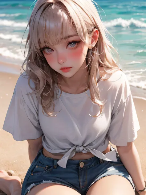 cute girl, masterpiece: 1.2, highest quality, 16k, ultra-realistic, photorealistic: 1.37, beautiful detailed, cute girl, picking up a conch shell, sitting in wariza on the sandy beach, (bikini tops+white t-shirt, the hem is tied above the hips:1.2,seethrou...