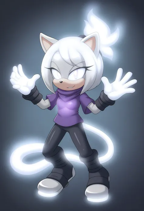 a cartoon cat with a glowing tail and a purple shirt, white glowing aura, glowing aura around her, with glowing eyes, magical shiny skin, glowing magical shiny skin, with glowing purple eyes, magically glowing, glowing aura, silver eyes full body, white gl...