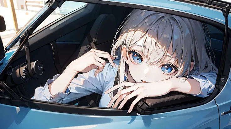 One girl, beautiful, alone, (top down:1.5), (Close-up 1.5), Lying in the car