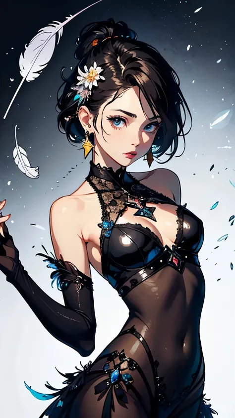 Small breasts, Exposing shoulders, short hair, Brown Hair, colored feather, metal ornaments, colored Flowers, particle, Light, (masterpiece, highest quality, Official Art, beautifully、aesthetic: 1.2), (1 girl: 1.3), Very detailed, (Fractal Art: 1.1), (Blac...