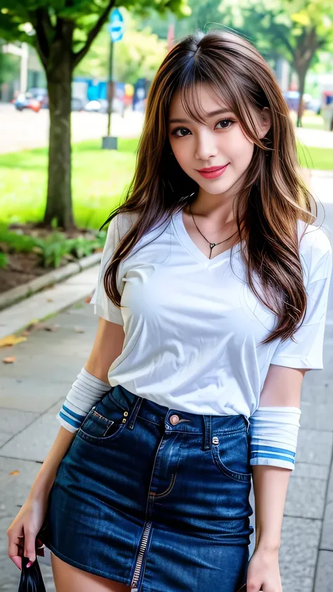 Full Body Angle、((highest quality, 8K, masterpiece: 1.3)), concentrated: 1.2, Cute girl 1,Nipples erect、 Perfect beauty: 1.4,Crisscross V-neck T-shirt, Casual summer short sleeve t-shirt: 1.2,Long sleeve、Randall Color、comics＆Text Graphics、Black ruffle-trim...