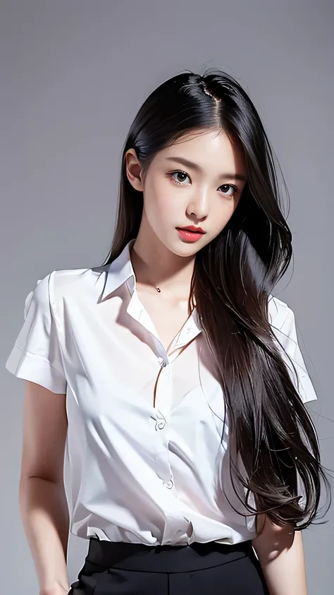 masterpiece,best quality,high resolution,8k,((portrait)),(body in photo),original photo,real picture,Digital Photography,(queen of the modern world),(Female students),20 year old girl,Long straight hair,By Bangs,Amazing amount of hair,Red eye hair),Large B...