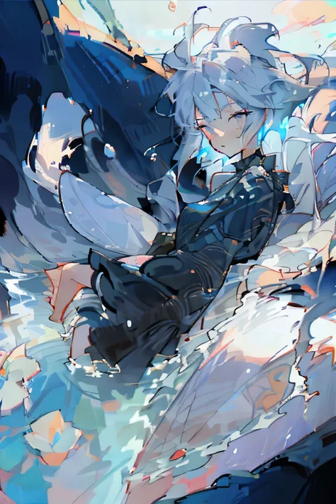 One girl, Female Water Spirit, Light blue hair, Internal spring water, Put a few drops of water on your skin,