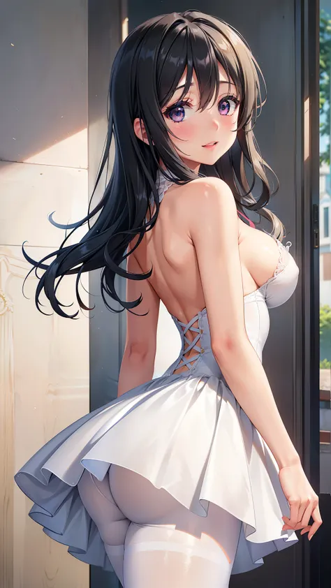 1girl, natural lighting, masterpiece, highly detailed, illustration, game CG, absurdres, high quality, beautiful detailed eyes, glossy lips, natural lighting, medium breasts, black hair, curly hair, long bangs, hair between eyes, arisa ayase, aahiyori, bal...