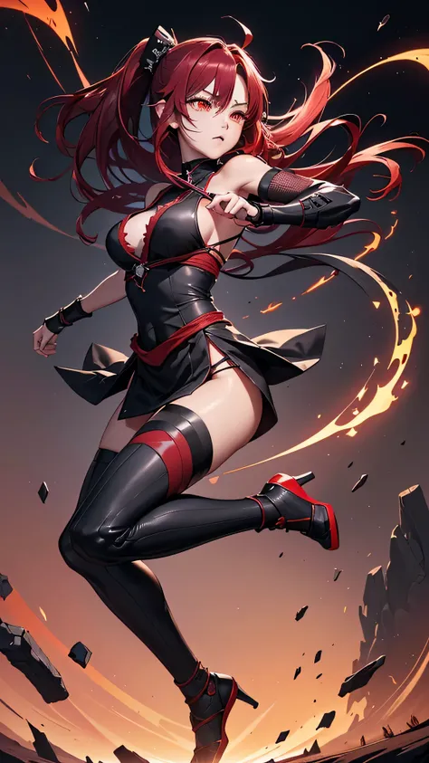 最high quality、Best image quality、masterpiece、girl((Age 25、 By becoming、Best Bust、Medium Bust,Wide open breast tea、Red glowing eyes,Black hear、Red Mesh、Disheveled Hair、Lointail、thin,The highest valley、Open chest、Luminous Wristbands、hair ornaments、Show the w...