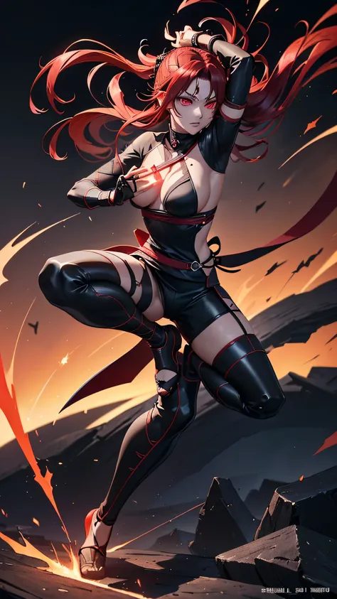 最high quality、Best image quality、masterpiece、girl((Age 25、 By becoming、Best Bust、Medium Bust,Wide open breast tea、Red glowing eyes,Black hear、Red Mesh、Disheveled Hair、Lointail、thin,The highest valley、Open chest、Luminous Wristbands、hair ornaments、Show the w...