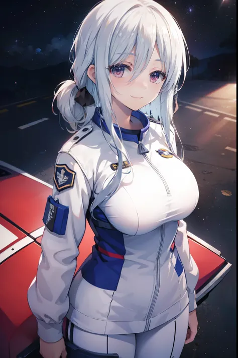 1woman,adult,big breast,25 years old,white hair, medium hair, astronaut uniform, standing, half body photo, red eyes, bangs, smi...