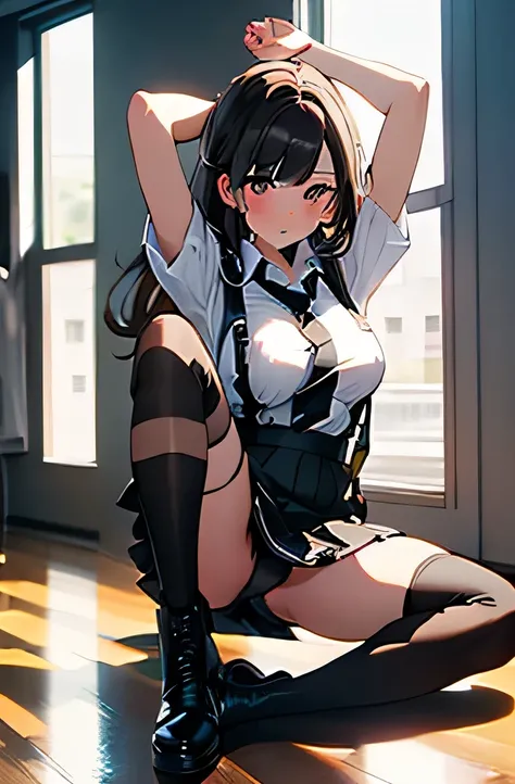 Brown Hair、Looking at the audience　　suspenders　　　bulging big breasts　　 　 　　　　Black mini skirt　garter belt　Knee-high socks　　　　　　sight　　　Small face　bangs 　　　　　beauty　　Show your hand　　 　sight 　Black boots 　Taunt　　　one person 　　　Dress shirt　She kicks her legs ...