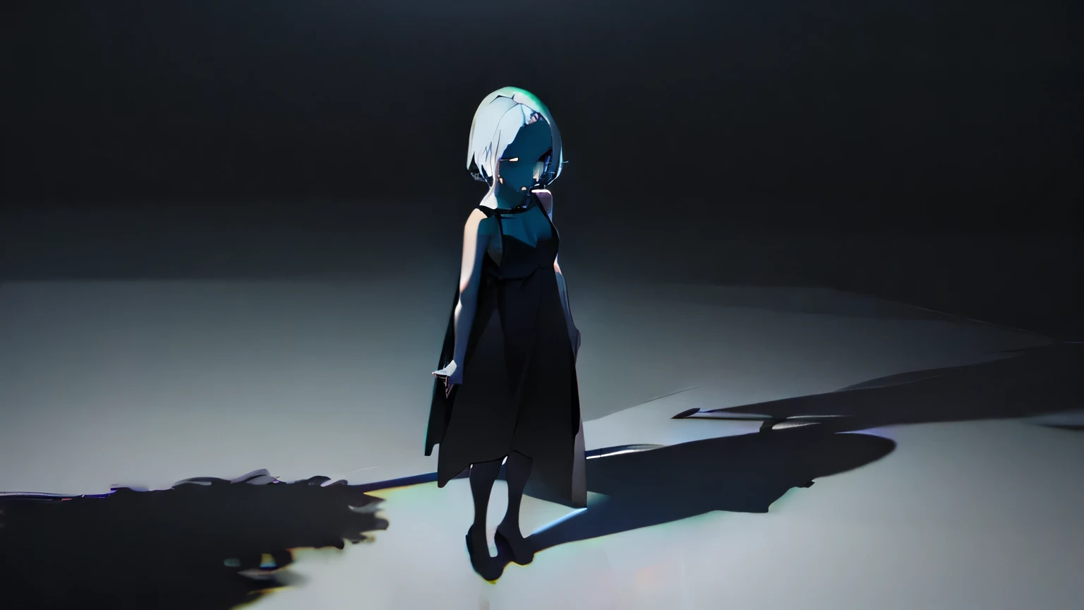 ((alone, Black background, Black and White, dark, Shadow)), girl standing in darkness, black eye, ((White skin, Black Dress, Small breasts, Cleavage, Expressionless)), standing on the right