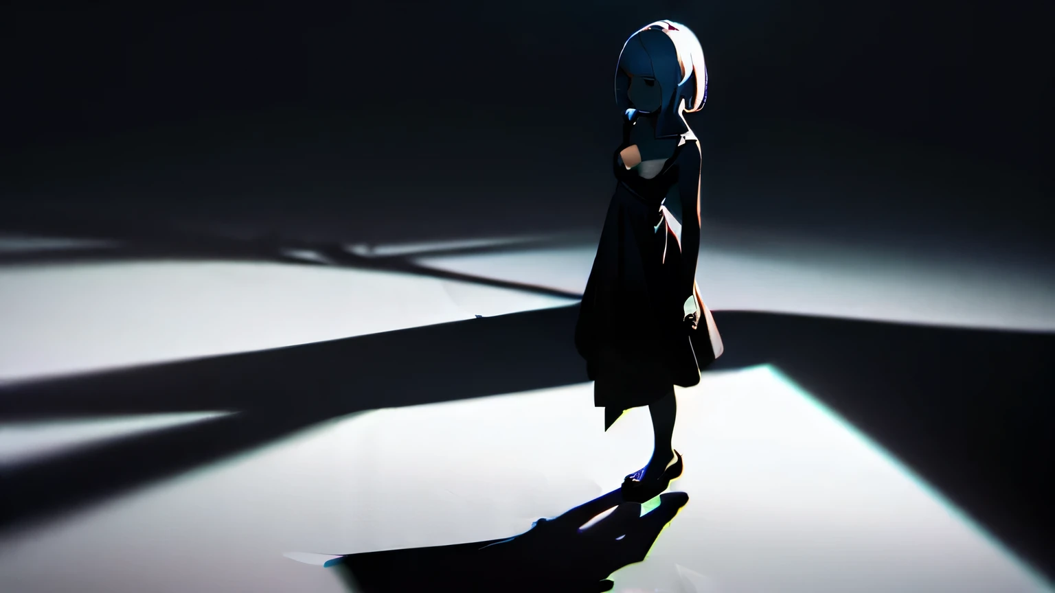 ((alone, Black background, Black and White, dark, Shadow)), girl standing in darkness, black eye, ((White skin, Black Dress, Small breasts, Cleavage, Expressionless)), standing on the right