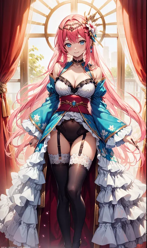 (best quality, high resolution, Textured Skin, high quality, High Detail,Extremely detailed CG Unity),Teenage Girl，obsessed，Divine happiness，in love，(Swimwear and Kimono:1.2)，Pink Hair，blue eyes，(Fabric headdress minimalism，Multi-layer delicate ruffles，lot...