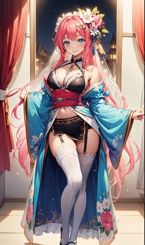 (best quality, high resolution, Textured Skin, high quality, High Detail,Extremely detailed CG Unity),Teenage Girl，obsessed，Divine happiness，in love，(Swimwear and Kimono:1.2)，Pink Hair，blue eyes，(Fabric headdress minimalism，Multi-layer delicate ruffles，lot...