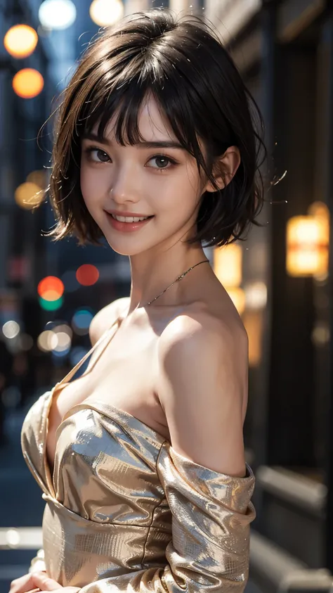 Cute 26 year old,1 girl,Slim face ,8k,Super Realistic image quality,Dynamic Shadows,Sparkling eyes,Clear black eyes,Beautiful back,,Cinema Lighting,Dark back alley,night,Darkness of the city,suit, ((face close up:1.2)),((A smile showing white teeth)),((Ope...