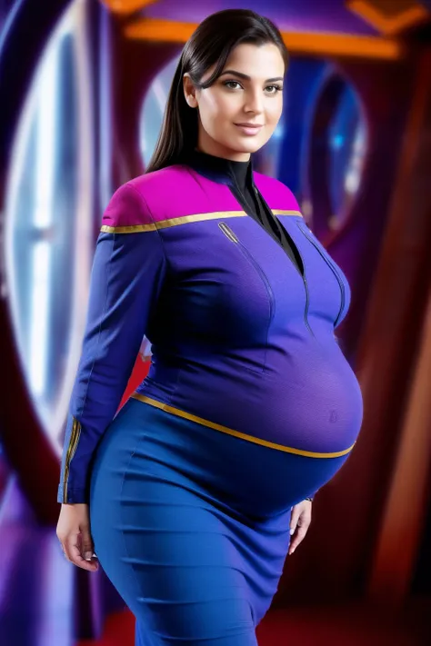 fine art portrait of European female very pregnant StarTrek commander, voluptuous, curvy hourglass figure, highest quality, sexy face high resolution, Eleonora Pavinat, wearing classic StarTrek Uniform, very long skirt, high heels, with huge breasts:1.4, c...