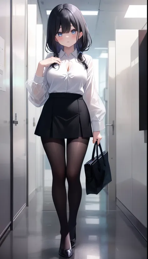 One Girl、positive、Standing posture、Full body portrait、Black Hair、Medium Haircut、blush、Absolute area、Black knee-high socks、Knee-length、stockings、Black Pantyhose、White underwear、Light blue shirt、Blue-gray business suit、Grey tight mini skirt、Japanese office l...