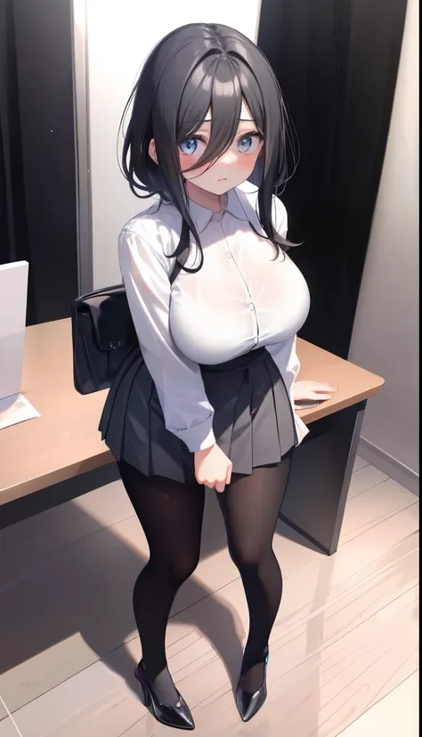 One Girl、positive、Standing posture、Full body portrait、Black Hair、Medium Haircut、blush、Absolute area、Black knee-high socks、Knee-length、stockings、Black Pantyhose、White underwear、Light blue shirt、Blue-gray business suit、Grey tight mini skirt、Japanese office l...