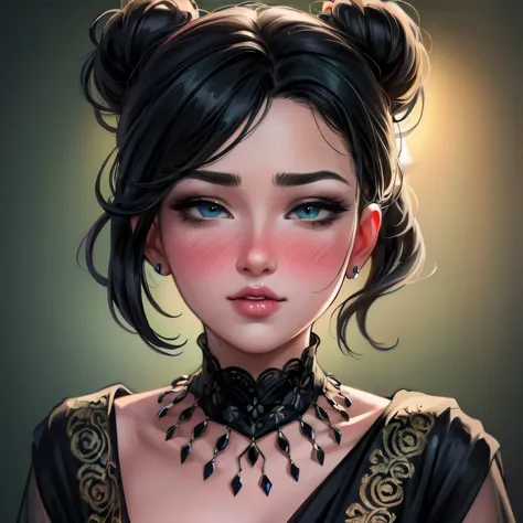 (best quality, highres, ultra-detailed), beautiful detailed eyes, perfect lips, sexy, amazing portrait, messy bun, black hair, amazing makeup, intense blush, flustered, lustful, black blouse, sheer dark green saree, hot, vibrant colors, soft lighting