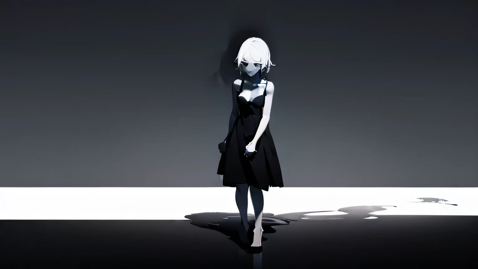 ((alone, Black background, Black and White, dark, Shadow)), girl standing in darkness, black eye, ((White skin, Black Dress, Small breasts, Cleavage, Expressionless)), standing on the right