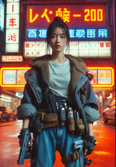 ８ｋ,Realistic Skin Texture、Realistic Photo、Neo Tokyo、Japanese women、Near future、ＡＤ2050、Dirty hunting jacket、Wearing multiple shirts and hoodies、Used automatic rifle、sneakers、Knit cap、、cold、Dynamic pose、Innovative composition、revenge、An old 1966 Ford Bronco ...