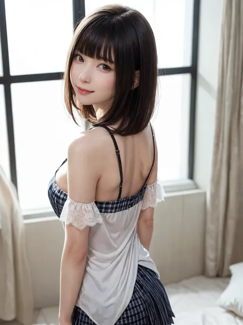 (From the back:1.4、Tabletop:1.4、highest quality:1.4、Best image quality:1.4、Cute beautiful adult woman, Adult smile:1.4、Beautiful Teeth、Lip gloss、Short Brunette Bob、Shiny shiny hair、Has shiny bangs:1.4、bangs:1.4、length, shiny shorthair、length neck:1.4、Show ...