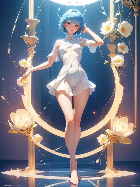 girl, light transparent dress, short dress, (shiny skin), long legs, bare feet, (((full body))), (small breasts, big hips), anatomically correct, short hair, blue hair, naughty face, highly detailed face, beautiful eyes, shining eyes, standing still, relax...