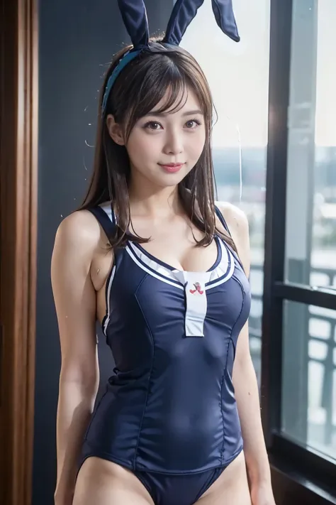 (Themes bunny girl),(wearing a school swim suit bunny it in navy:1.64),(skindentation),(cleavage、Luxurious hotel lobby:1.4,Glittering Hotel:1,4,Bokeh、highest quality)