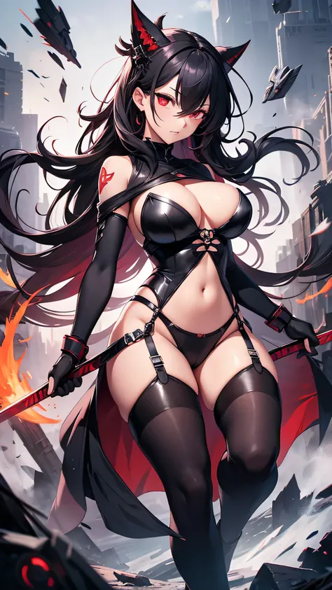 最high quality、Best image quality、masterpiece、girl((Age 25、 By becoming、Best Bust、Medium Bust,Wide open breast tea、Red glowing eyes,Black hear、Red Mesh、Disheveled Hair、Lointail、thin,The highest valley、Open chest、Luminous Wristbands、hair ornaments、Show the w...