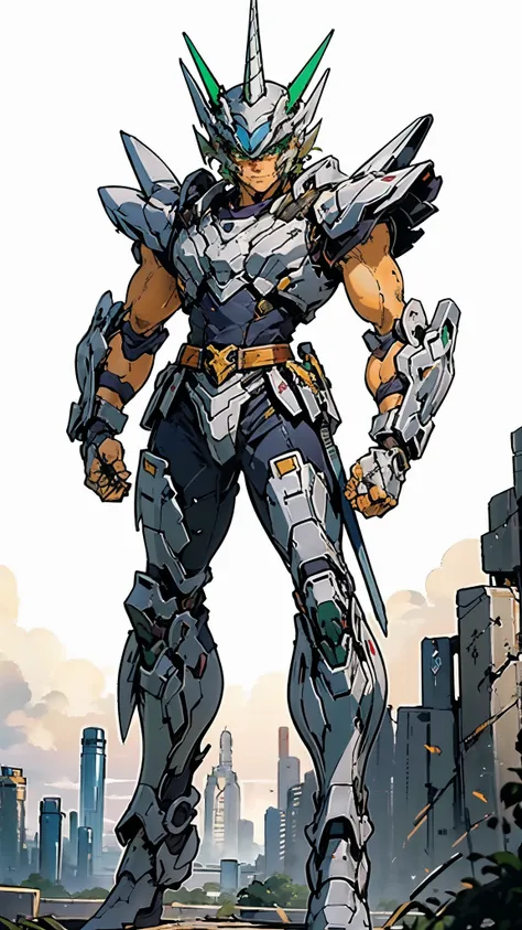 A man wearing a full-face helmet, a fantasy-style biotech armored combat suit, green eyes, (a composite layered chest armor), fully enclosed shoulder guards, matching arm and leg guards, the belt is adorned with Horseshoe-shaped marker, (the color scheme i...