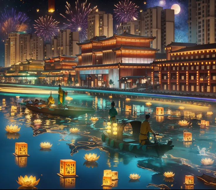 in the winter，new year，city night scene，(architecture:1.3)，(light辉煌)，light，starry sky river，brilliant colors，wonderland，the frag...