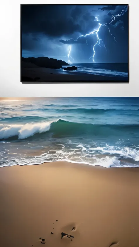 (highest quality,4K,8k,High resolution,masterpiece:1.2),Super detailed,(Realistic,photoRealistic,photo-Realistic:1.37),Dark blue background, Stormy Coast, Continuing sandy beach, Blue sky, Many flashes of lightning, Product Showcase, Vibrant colors, Dramat...