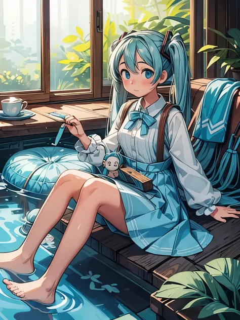 (masterpiece、最high quality、最high quality、Official Art、Beautiful and beautiful:1.2)、(One girl:1.3)Hatsune Miku、Twin tails,Big Breasts,最high quality、high quality、masterpiece、anime、1 girl, orange sleeves, Gray Hair, White skin, Light blue hair accessory, Blue...