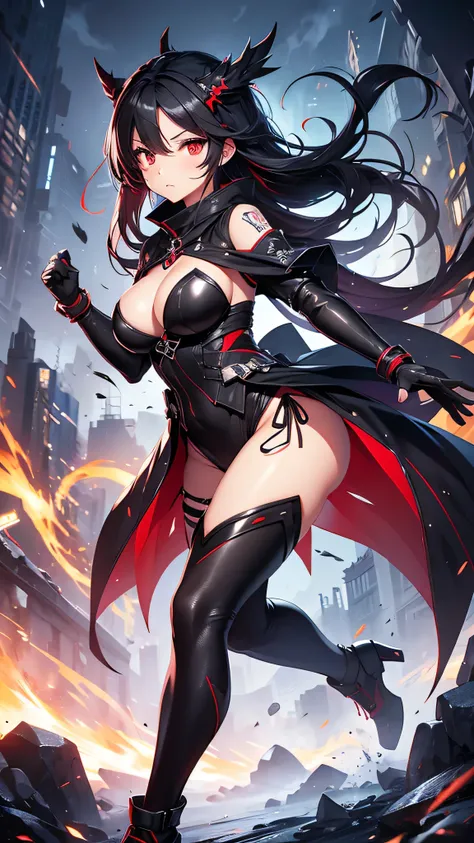 最high quality、Best image quality、masterpiece、girl((Age 25、 By becoming、Best Bust、Medium Bust,Wide open breast tea、Red glowing eyes,Black hear、Red Mesh、Disheveled Hair、Lointail、thin,The highest valley、Open chest、Luminous Wristbands、hair ornaments、Show the w...