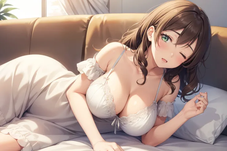 nozomitoujou, nozomi toujou, green eyes, brown hair, curly hair, large breasts, masterpiece, best quality, high resolution, beautiful detailed eyes, extremely detailed face, good lighting, detailed CG,  nightdress, sleepy, yawn, messy hair, (laying down), ...