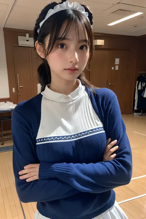 (8k, RAW Photos,highest quality, High resolution:1.1), (Ultra-realistic:1.4),(Realistic, Realistic:1.3),The Beauty of Japan、Rhythmic gymnastics club、Rhythmic Gymnastics Uniform、((Upper Body:1.3)),Maid Cafe、((Maid:1.3)),(blue knit sweater:1.3)