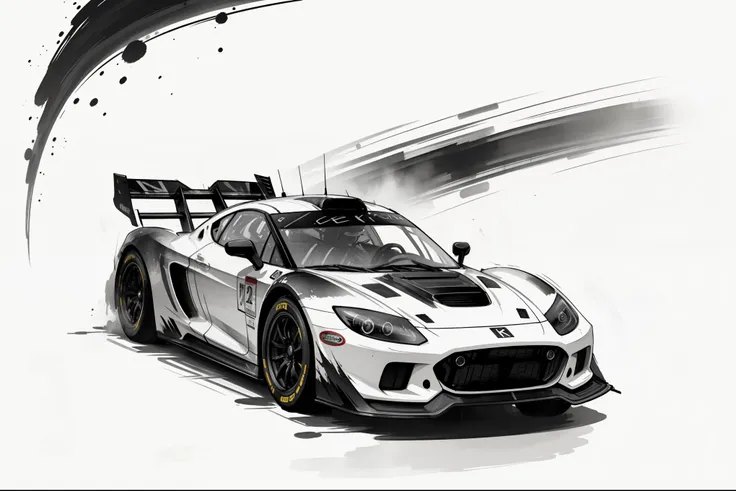 (8k, raw photos, 最high quality, masterpiece: 1.2), black and white, monochrome artwork, ink painting, (((racing car))), streamli...