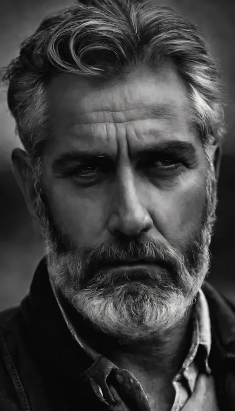 (best quality,highres,ultra-detailed,realistic),portrait,mans sad expression,unshaven beard,gray hair,painful gaze,[distressed look],heartbreaking [facial expression],[unkept appearance],black and white,[emotion-filled photo]